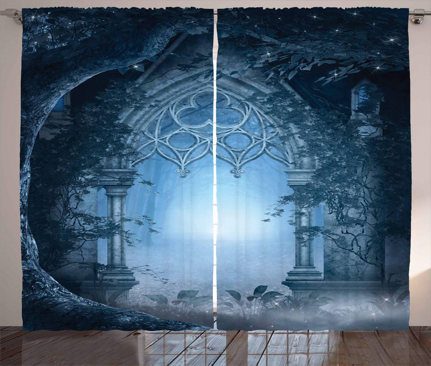 ABAKUHAUS Fantasy Curtains, Passage Doorway Through Enchanted Foggy Palace Garden at Night View, Living Room Bedroom Window Drapes 2 Panel Set, 102 L X 110 W, Navy Blue and Grey
