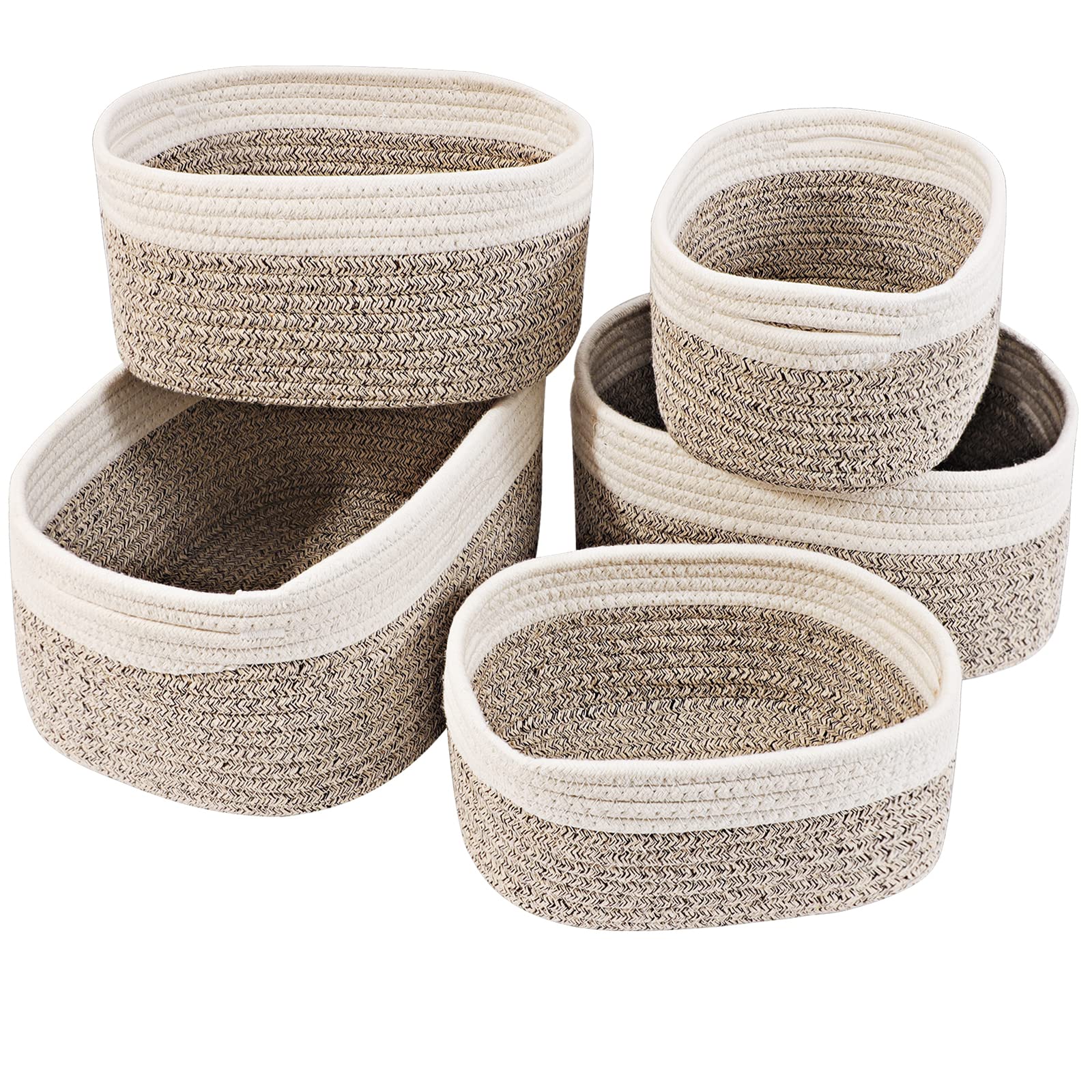 Otoomenz Woven Cotton Rope Storage Basket, 5PCS Shelf Baskets with Handles,Toy Basket Storage Baby Storage Organiser Bathroom Storage Baskets for Make up Cupboard Drawer Closet Shelf(Desert)