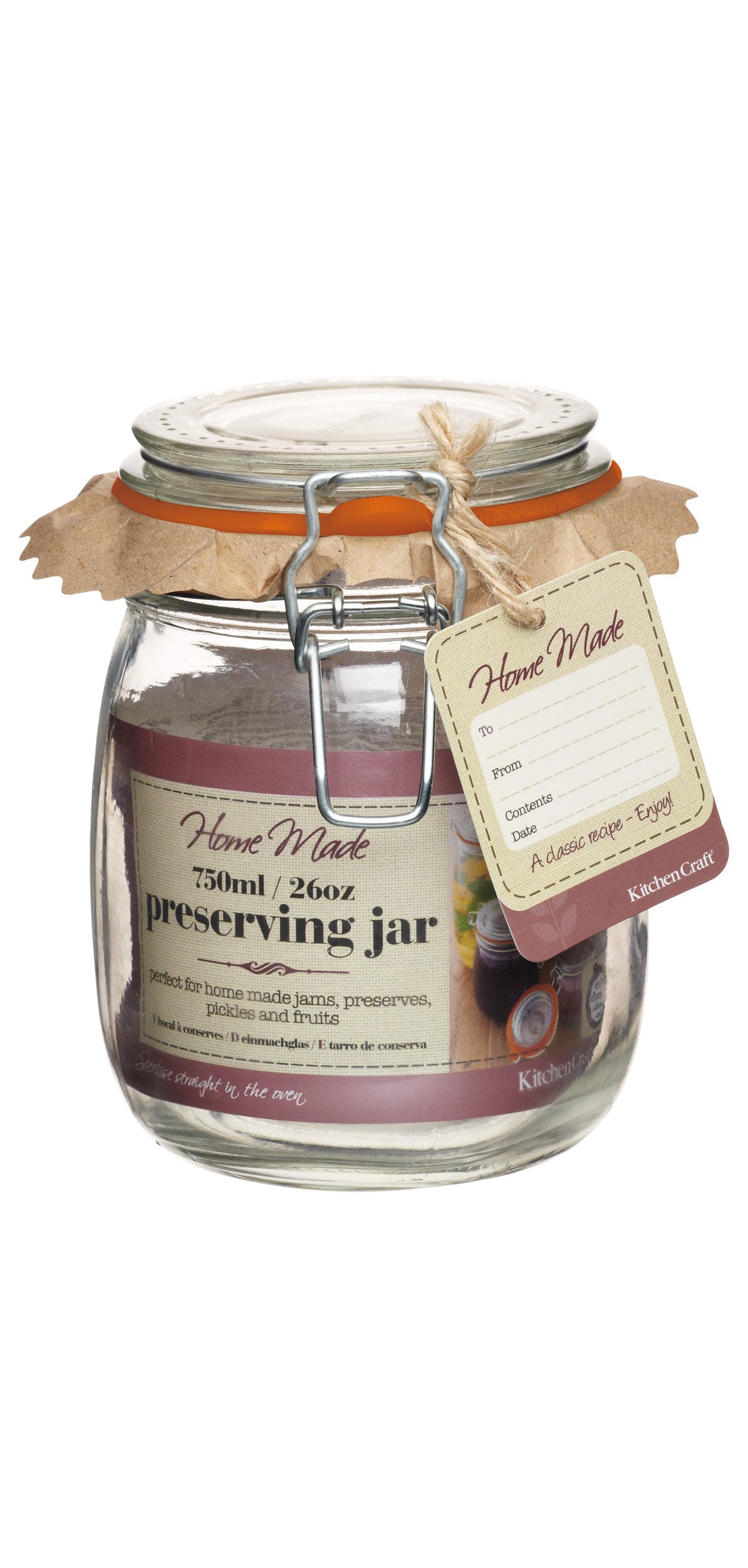 KitchenCraft Home Made Clip Top Glass Preserving Jar, 750ml Jam Jar with Airtight Metal Clip Lid, Clear Glass Jar for use with Jams, Honey, Pickles, Overnight Oats
