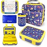 Bento Box with Thermo, Insulated Lunch Bag, & Ice Pack Set for Kids or Toddlers. Stainless Steel Food Jar, 5 Compartment Lunch-Box for Pre-School or Daycare, Blue Yellow Trucks
