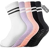 Raylarnia 5 Pairs Pilates Socks with Grips for Women, Yoga Crew Non-Slip, Grippy Ankle Barre Sock, Hospital Sticky Socks
