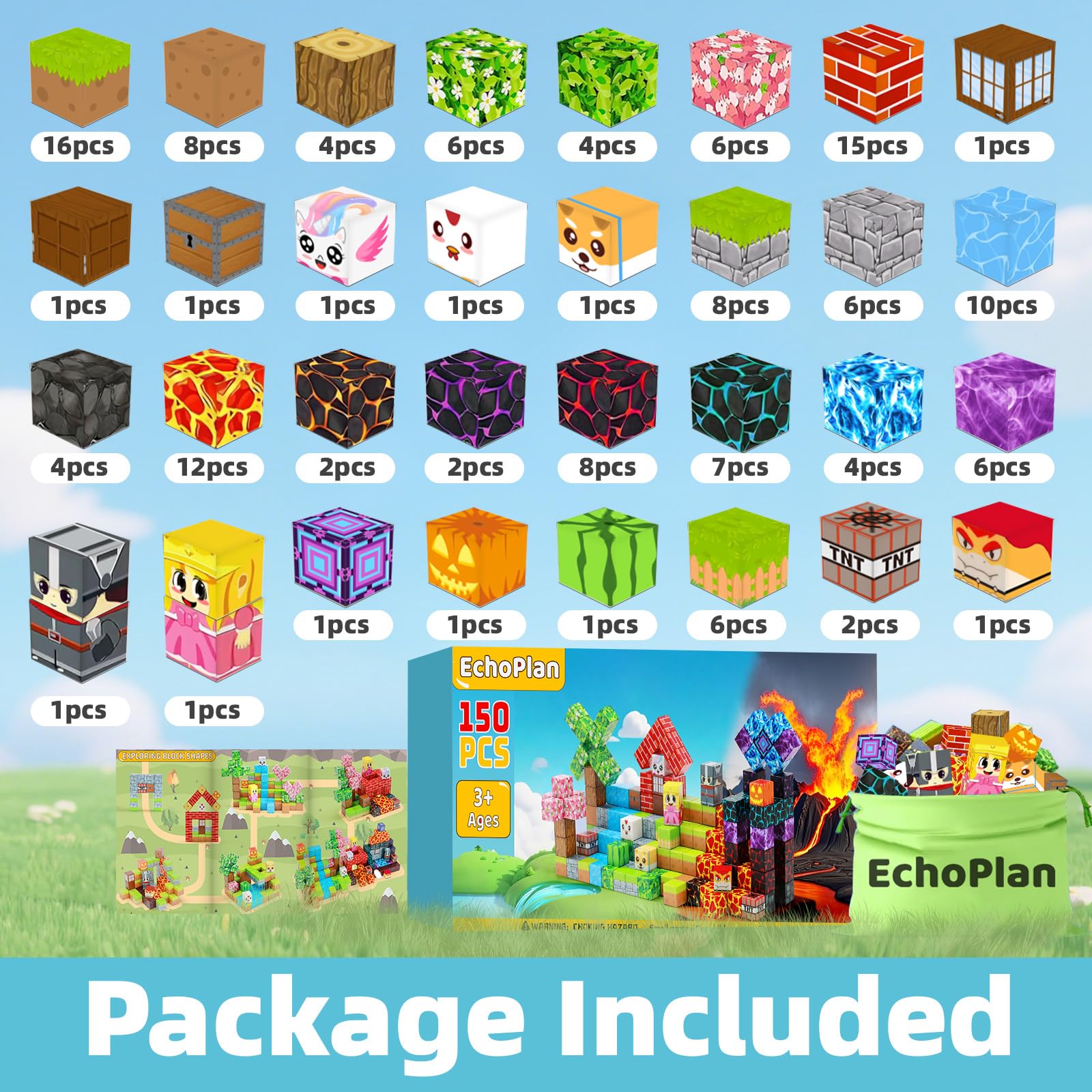 EchoPlan 150PCS Magnetic Blocks, Magnetic Building Blocks, STEM Constructions Magnet Blocks for Boys Girls Age 3 4 5 6 7 8 9 10, Sensory Stacking Toy Christmas Birthday Gifts for Kids, 1