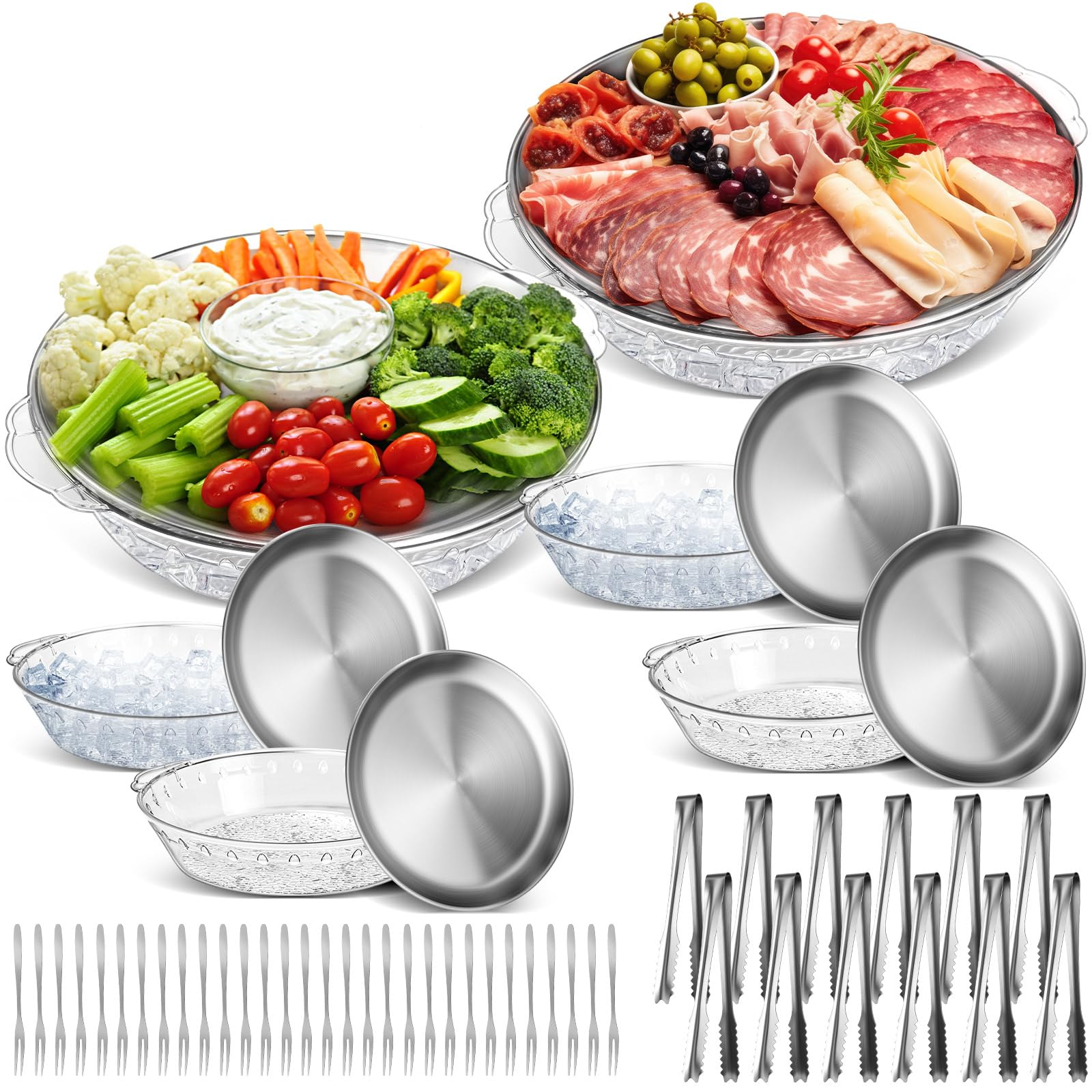 Photo 1 of Baderke 6 Sets 11.8" Chilled Serving Tray for Parties Round Iced Platter with Ice Underneath Stainless Steel Clip Fruit Fork Shrimp Cocktail Serving Dish for Oysters Crawfish Fruits (Original)