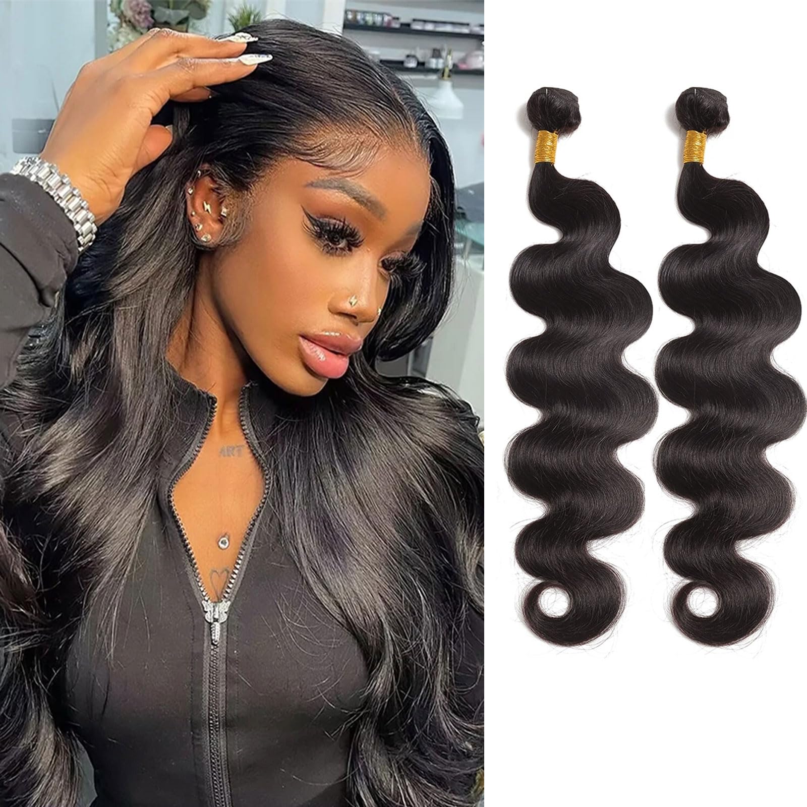 Huarisi Body Wave Human Hair 2 Bundles (14 16 inch), 10A Unprocessed Virgin Brazilian Hair, Body Wave Weaves Bundles for Black Women, Natural Color Real Hair Extensions Weft 200g