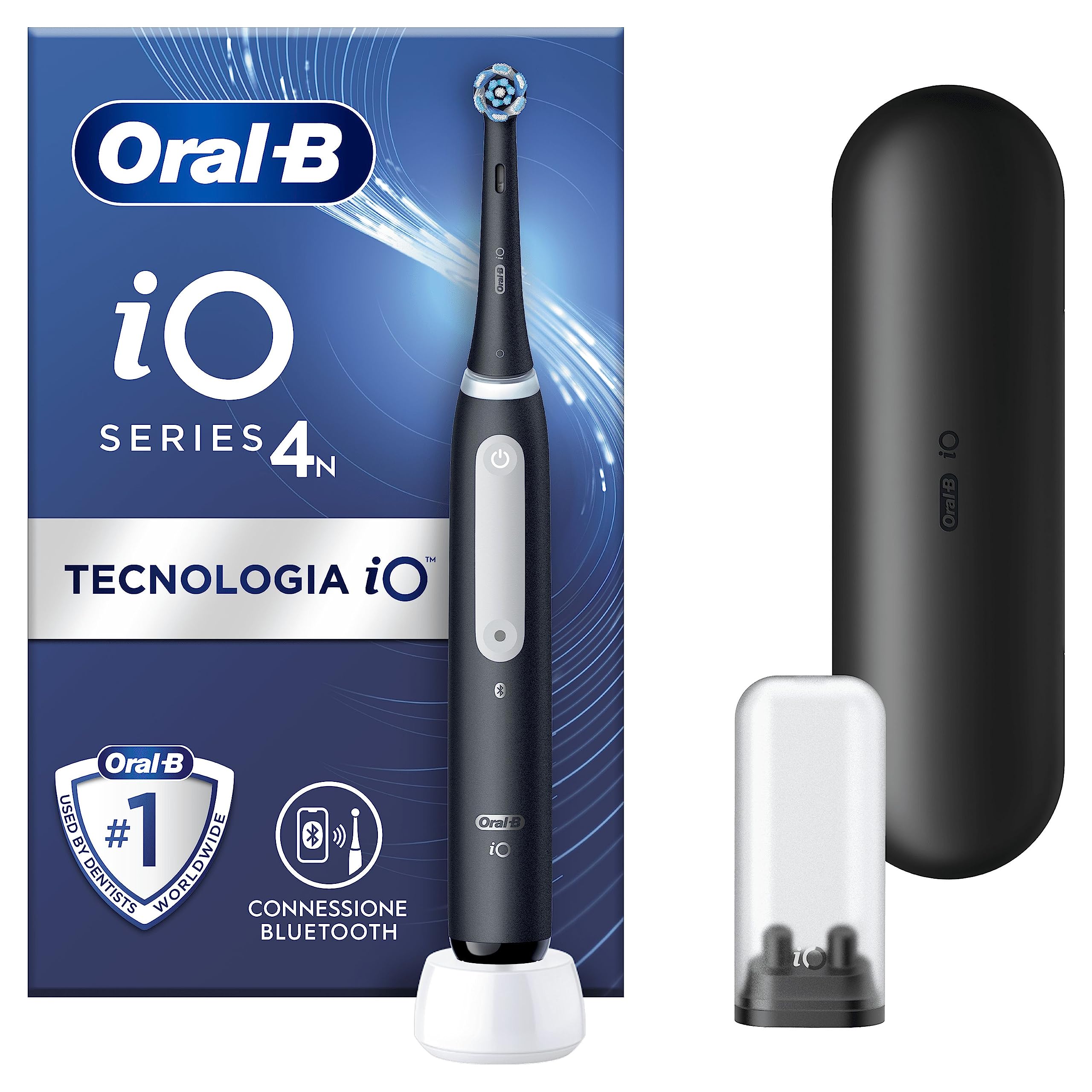 Oral-B Spazzolino Elettrico Ricaricabile iO 4N, Sensore di Pressione, Connessione Bluetooth, 4 Modalità di Spazzolamento, 1 Testina, 1 Spazzolino, 1 Custodia da Viaggio, Nero, Idea Regalo