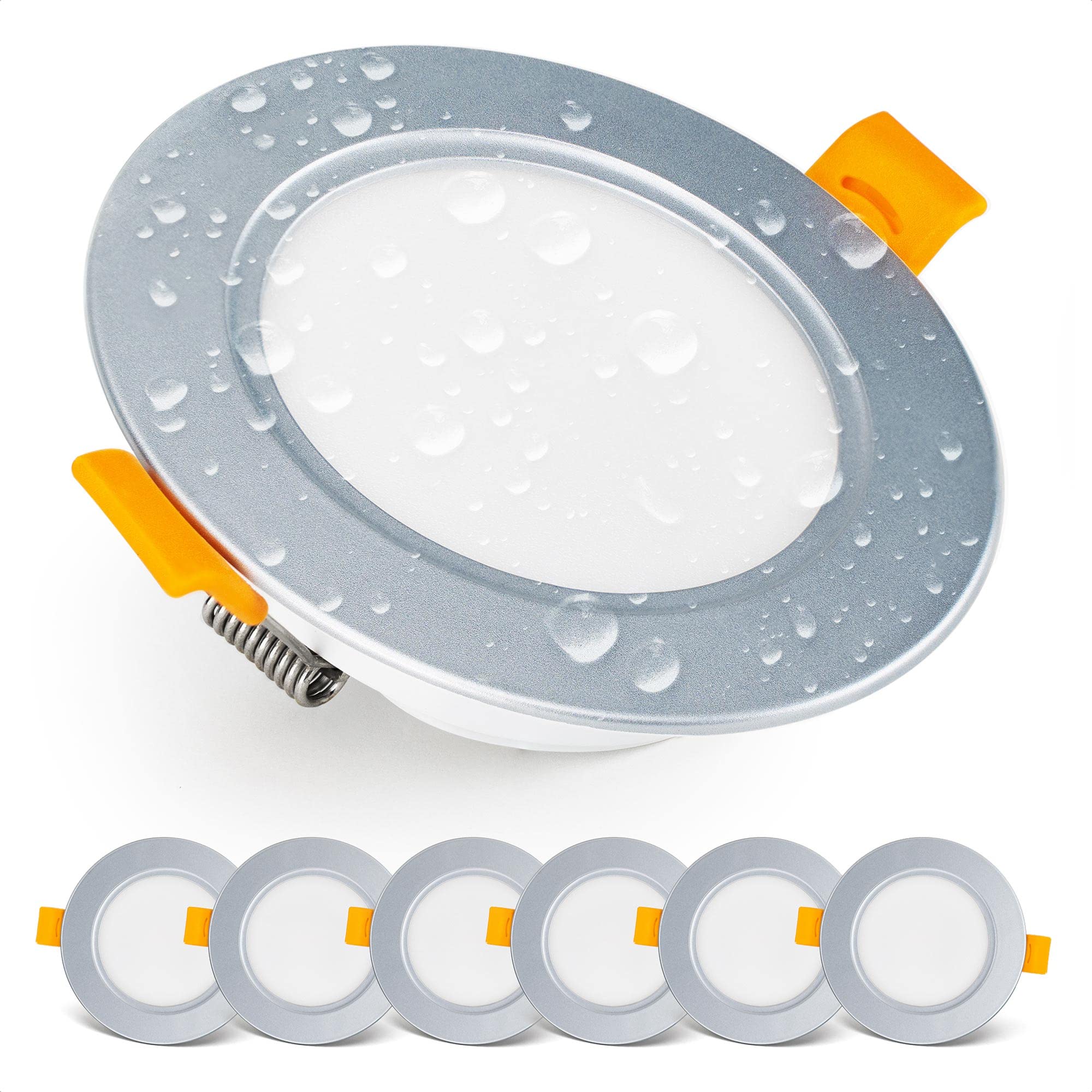 EMOS LED Downlights for Ceiling, 5W/500 Lumens, Warm White 3000K | IP54 Waterproof LED Spot Lights for Bathroom etc. | Set of 6 Recessed LED Ceiling Light, Silver