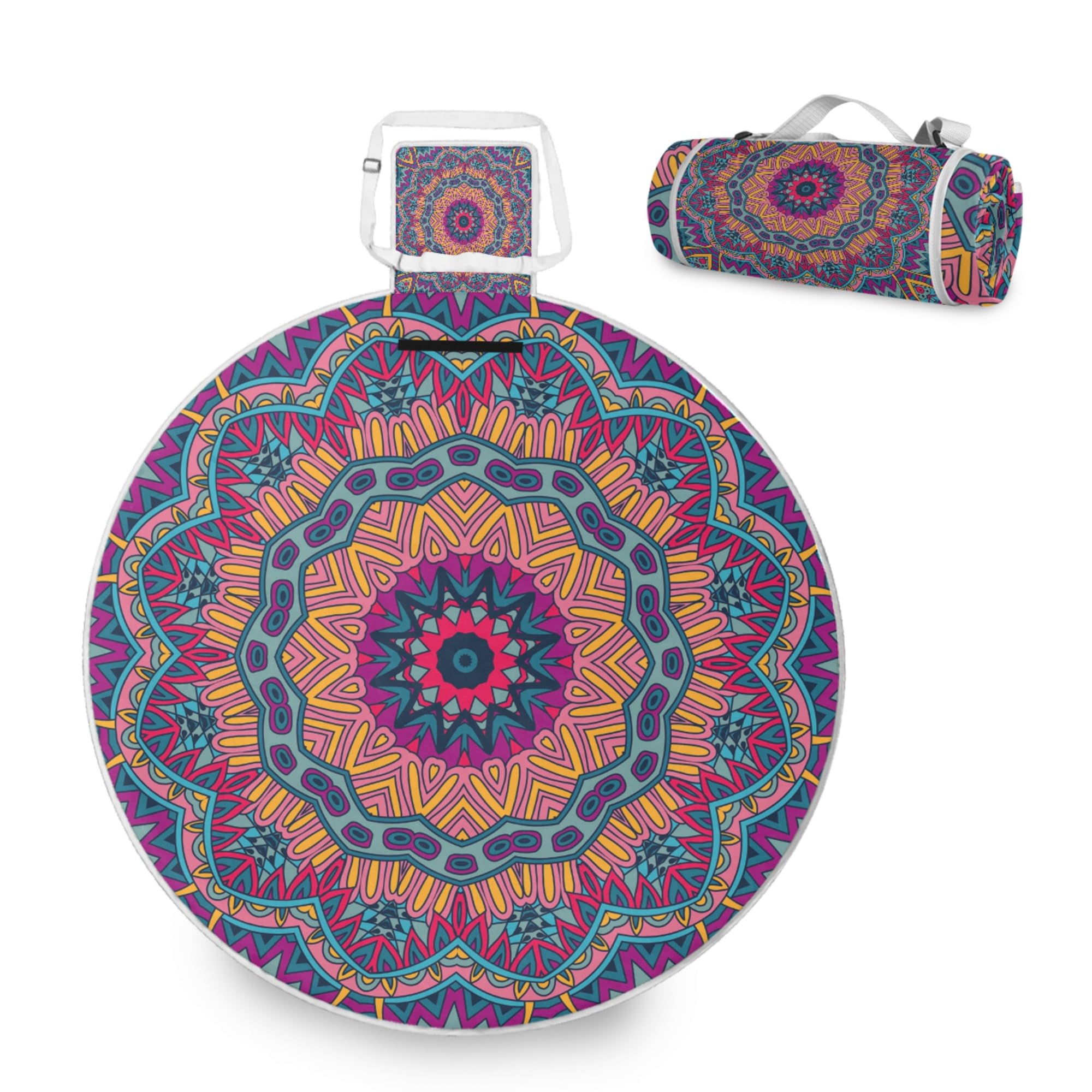 ALAZA Round Waterproof Picnic Blanket, Colorful Mandala With Lotus Portable Folding Indoors Rug Outdoors Mat for Travel Hiking Camping Park, 148cm