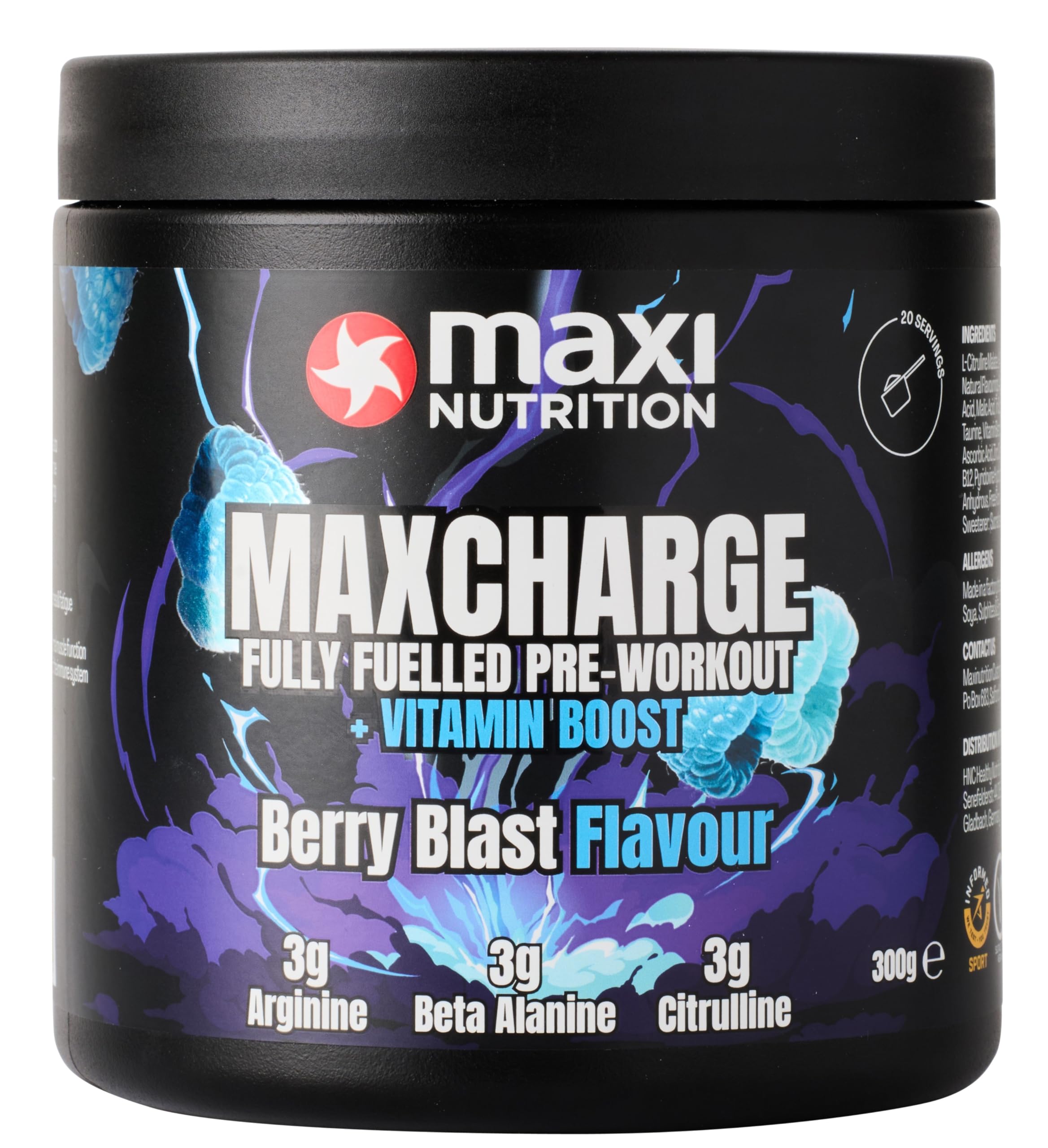 MaxiNutrition Max Charge Vitamin Boosted Pre-Workout, Sugar-Free Energy and Performance Boosting Sports Drink for Endurance and Recovery, Berry Blast, 300g