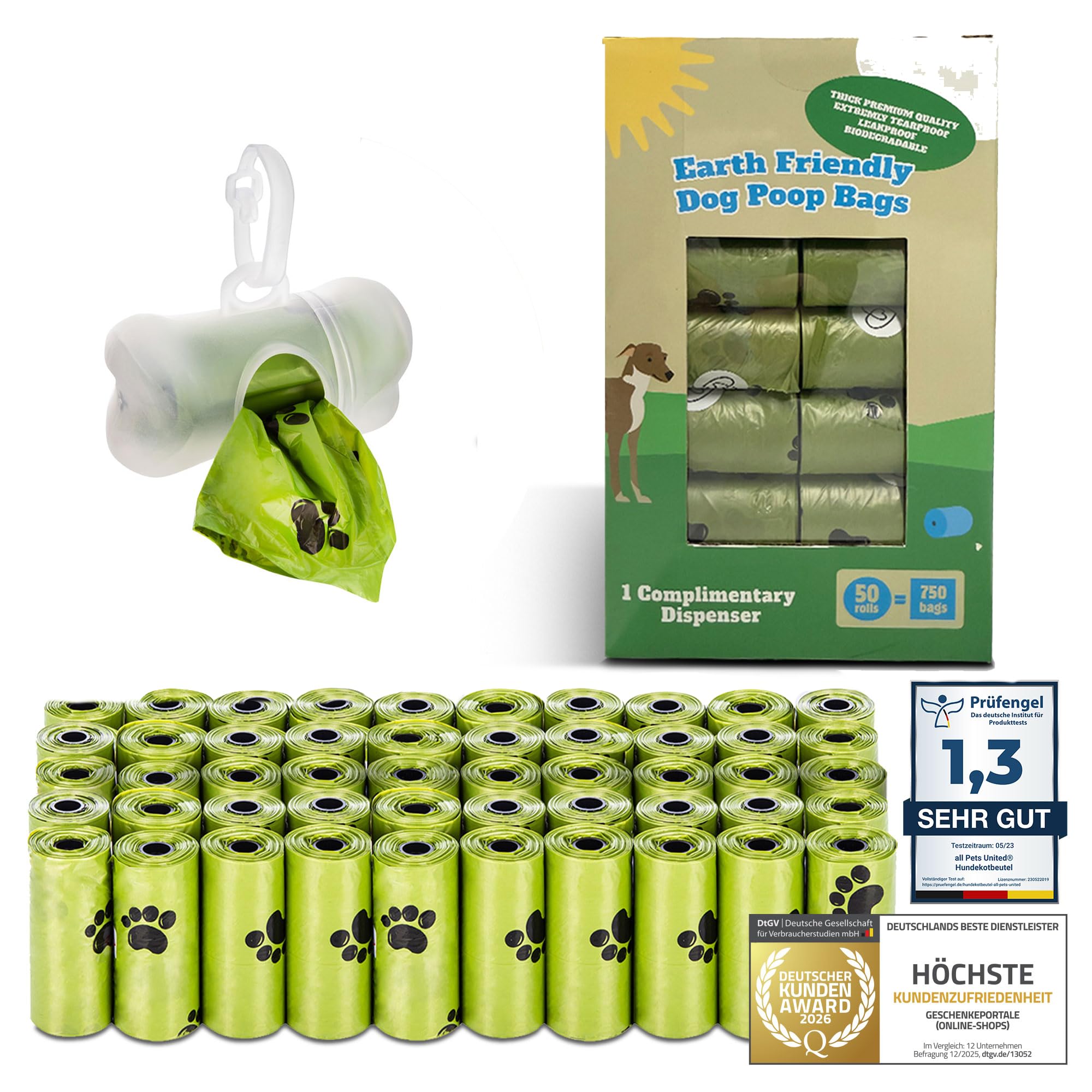 Organic Dog Excrement Bag with Dispenser Compostable Dog Excrement Bag 100% Biodegradable with Leash Holder (750 bags: 50 rolls + 1 dispensers)