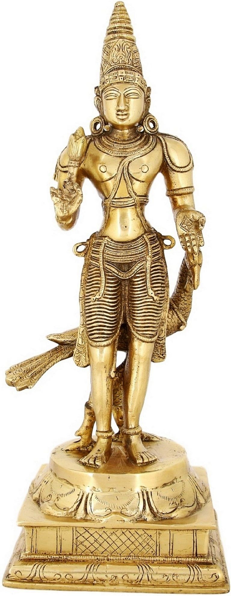 SHALININDIALarge Hindu God Kartikeya Murugan with Peacock Brass Statue - Hindu Work of Art - 16 Inch - Religious Gift Idea