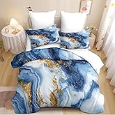 CCoutueChen Marble Comforter Set Queen Size Blue Marble Texture Abstract Bedding Set Gold Modern Fluid Marbling Soft Lightweight Comforter 3 Pieces for All Seasons (1 Comforter, 2 Pillowcases)