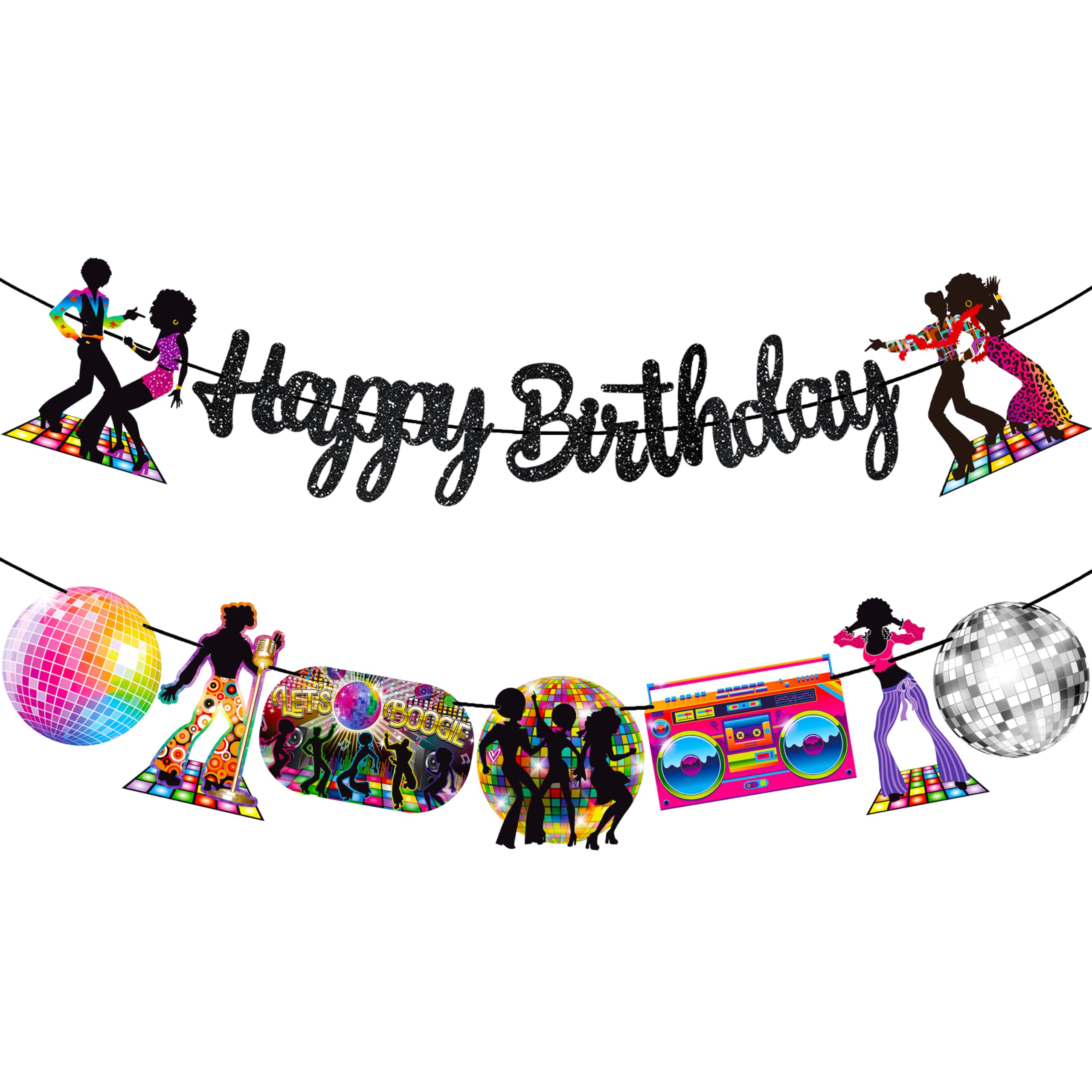 Photo 1 of 70s Disco Birthday Party Banners Disco Birthday Party Decoration Black Glitter Happy Birthday Banners for 1970s Birthday Party Boogie Dancing Party Disco Baby Shower Supplies