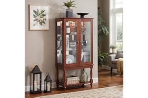 Eyisean Lighted Display Cabinet, 48" H Curio Cabinet with Open Storage Space, Tempered Glass Doors and Acrylic Mirrored Back Panel, Rack for Living Room (Bulb Not Included) (Walnut)