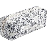 HHQQWZ Cute Floral Cotton Makeup Brush Cosmetic Bag for Women, Travel Quilted Zipper Make Up Bag, Flowers Toiletry Organizer Case Kawaii Makeup Cosmetic Travel Cloth Pouch (Navy Blue Flower)