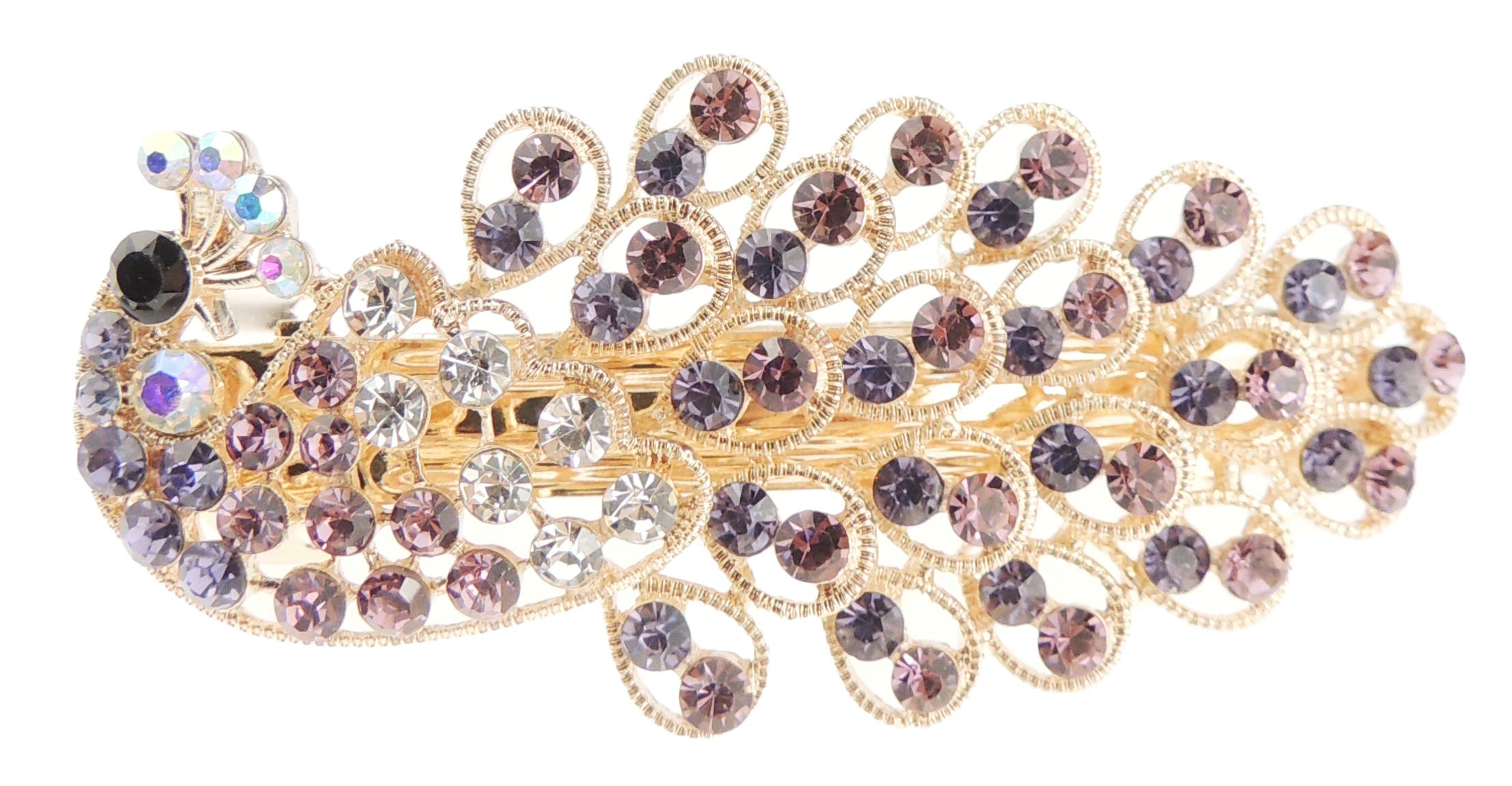 Sparkly Womens Girls Crystal Rhinestone Diamante Wedding Bridal Party Evening Ponytail Fine Hair Accessories Occasion Barrette Hairpin Grip French Metal Spring Clip Peacock Bird Gold Tone (Purple)