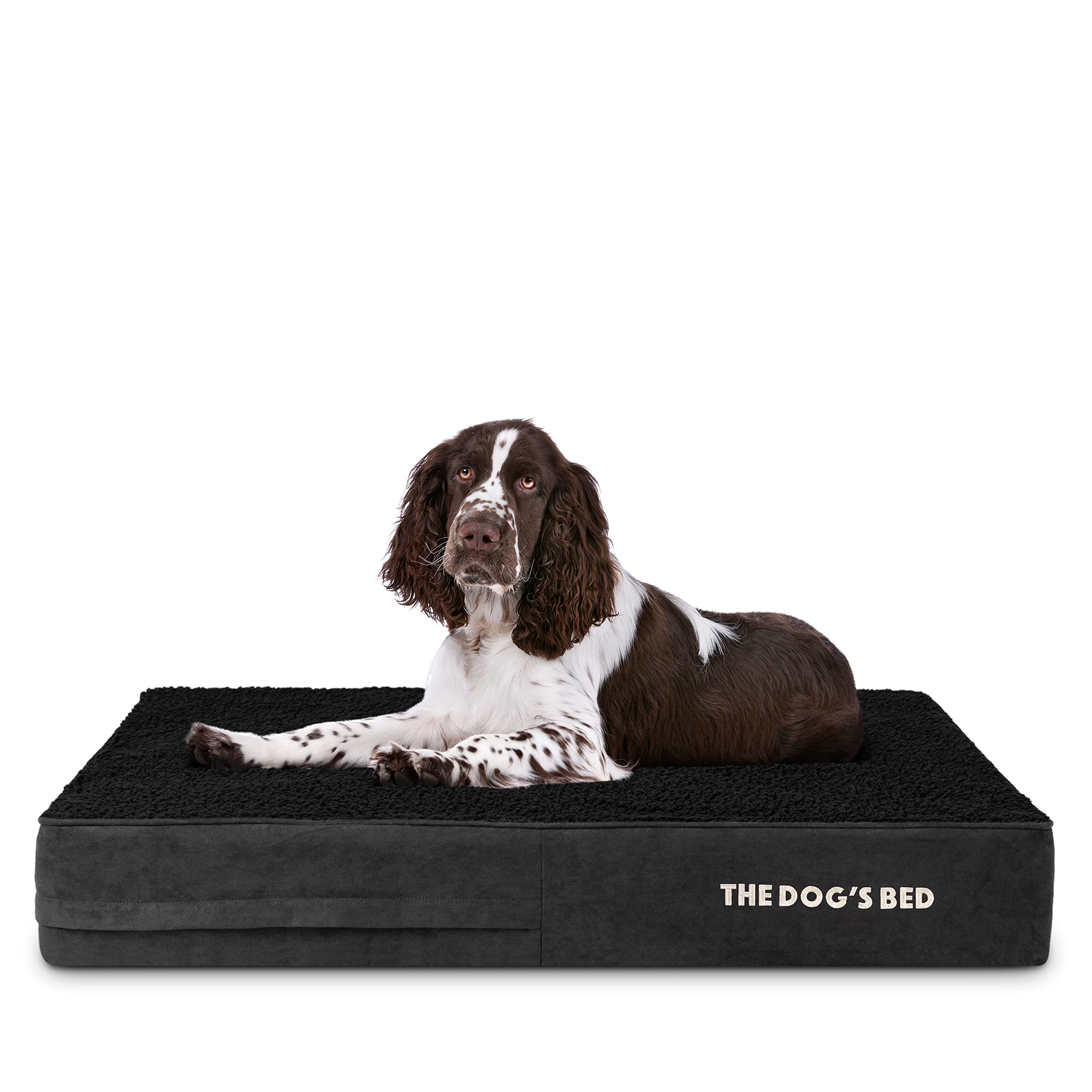 The Dog’s Bed Orthopaedic Memory Foam Dog Bed for Large Dogs, Waterproof Support Mattress, Removable Washable Cover, Pressure Relief & Joint Support, Black Plush, 15cm Thick