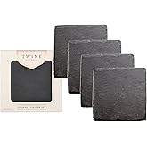 Twine Square Slate Coasters, Modern Square Coasters, Slate with Velvet Backing, Protect Tables and Surfaces, Black, Set of 4