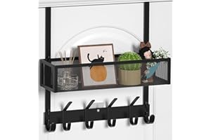 Aimeaihe Over The Door Hooks Organizer, Over The Door Towel Rack with Mesh Basket, 10 Coat Hooks and 2 Wreath Hangers, Bathroom Door Organizer Back of Door Hanger for Bedroom, Kitchen(Black)