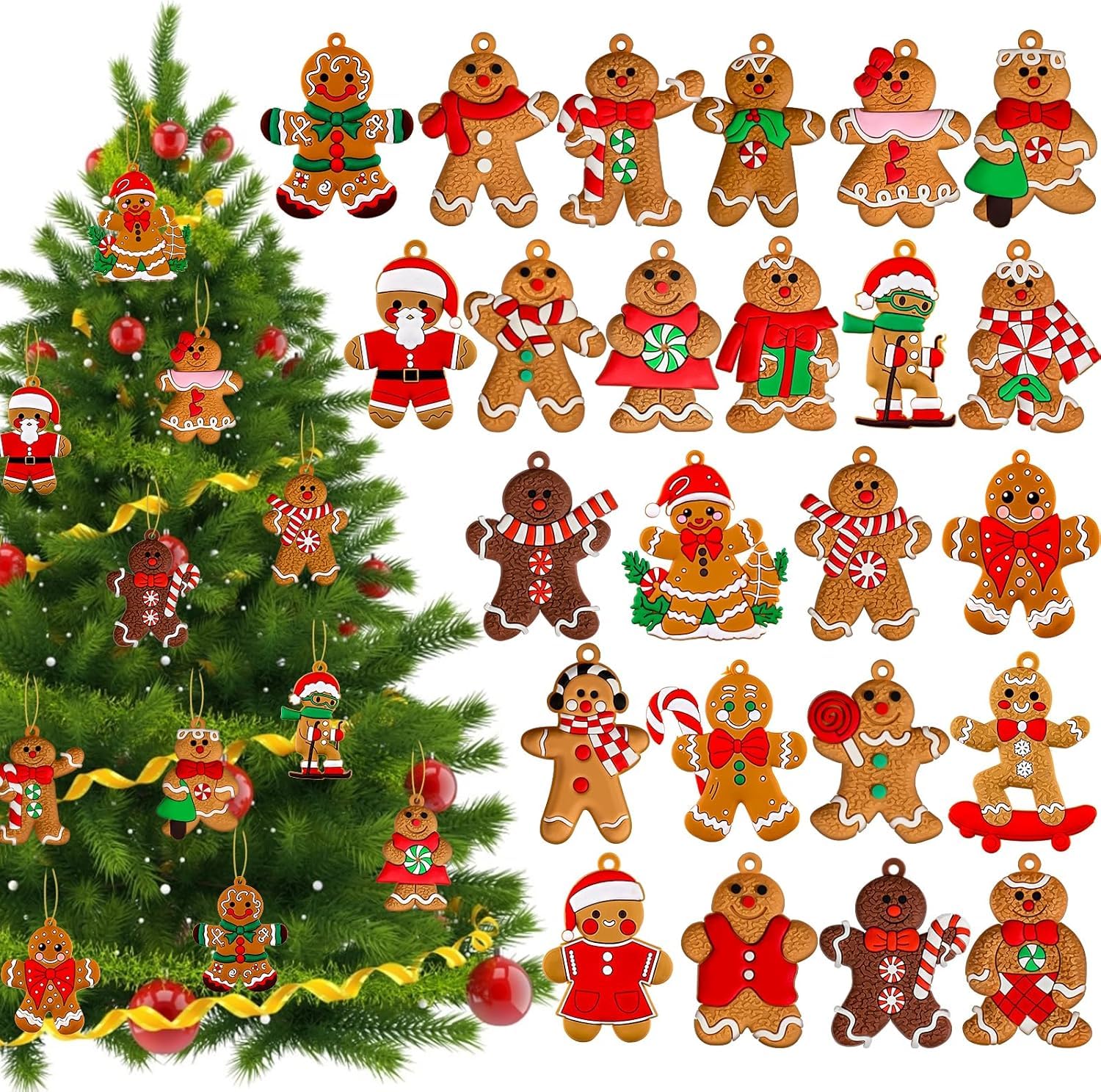 Photo 1 of 24pcs Gingerbread Christmas Tree Decorations Wood Hanging Ornaments Mouse Joy Pattern Gingerbread Christmas Ornaments for Tree Winter Holiday Hanging Decor Indoor