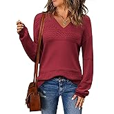 Zeagoo Womens 2026 Fall Sweaters Casual Long Sleeve Ribbed Knit Pullover V Neck Lightweight Crochet Pullover Sweater Top