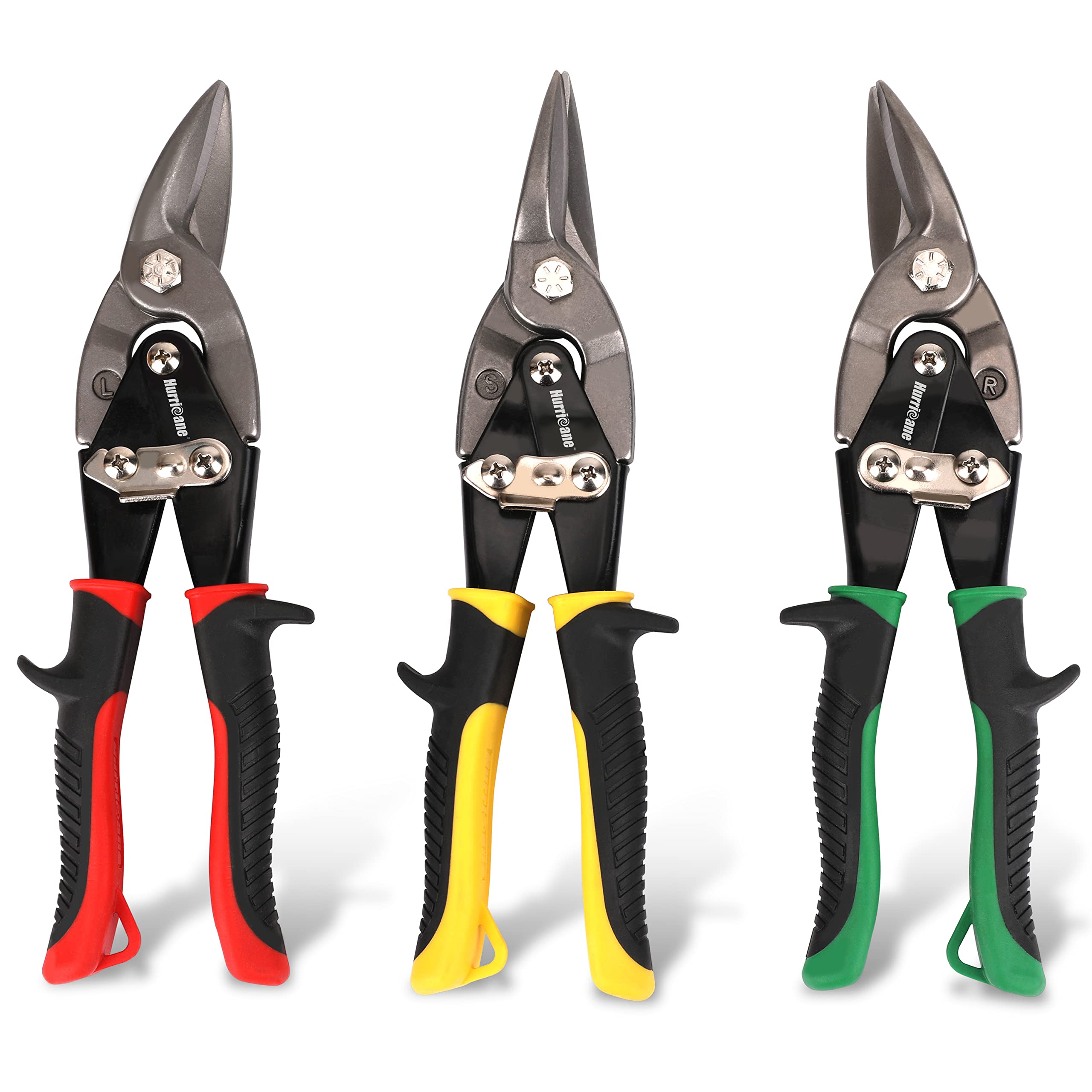 HURRICANE 3 Pcs Aviation Tin Snips Set, Metal Cutter Shear for Cut Sheet Metal, Chrome Vanadium Steel, Straight Left and Right, Ergonomical Tyre Grip Handle with Safety Latch