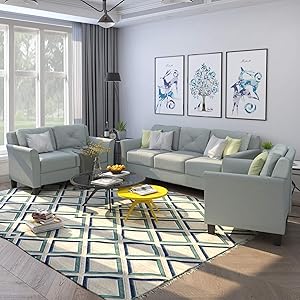 GAOPAN Piece Home Conversation Sectional Couch Set, Classic Design Upholstered Button Tufted 3 Seater Sofas, Soft Loveseat and Single Armchair for Living Room Furniture/Bedroom, Green-Gray