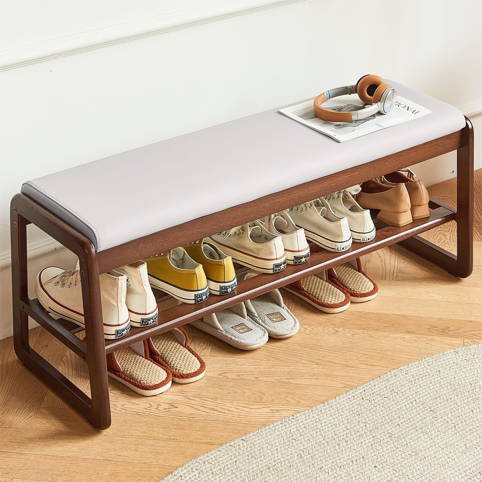 Photo 1 of Fetuero Solid Wood Shoe Bench, 2-Tier Wooden Storage Entryway Bench, Small Entryway Bench, Mid-Century Modern Bedside Bench with Faux Leather Cushion for Dining Room Living Room, Cream Grey 21.65''