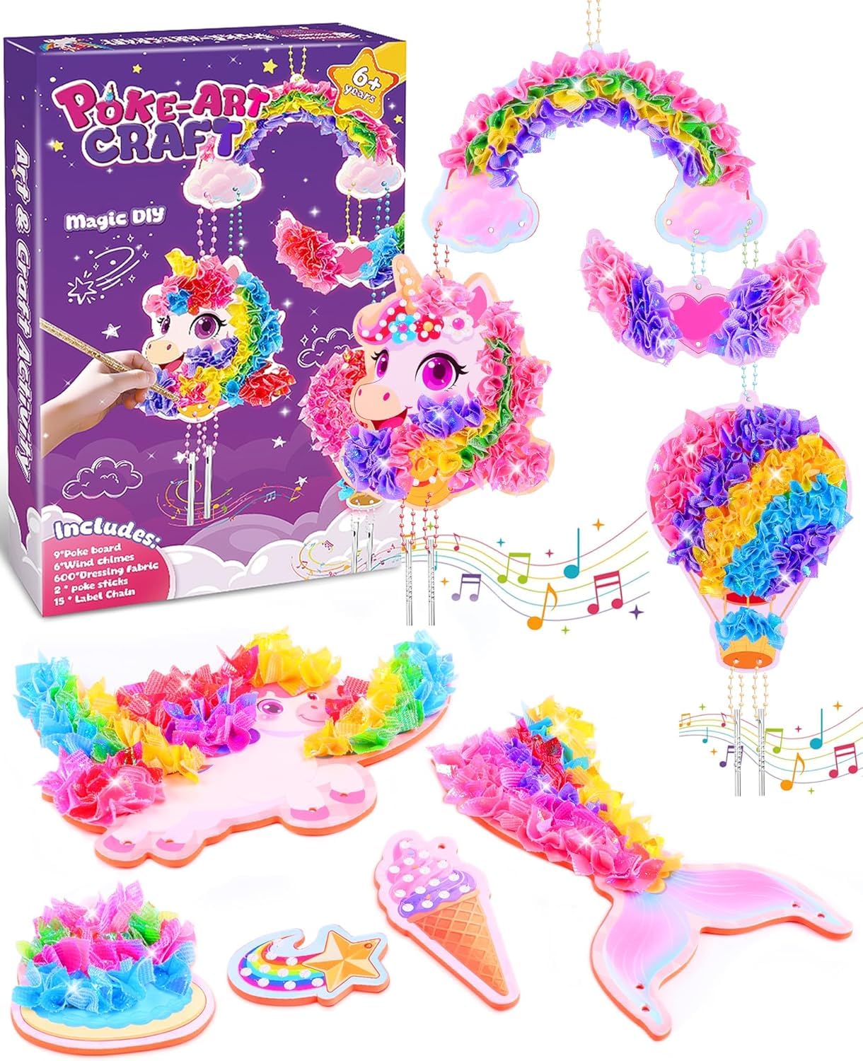 JOYVOVO Unicorn Poke Art Craft Kits for Girls - DIY Fabric Craft World with Wind Chimes, Mess-Free Creative Activity, Educational Toys & Birthday Gifts for Kids Age 6 7 8 9 10+ (9 Patterns)