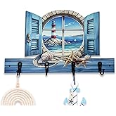 Midrean 13.8”Long Wood Towel Hook with 4 Metal Black Hooks Fun Kids Coat Rack Wall Mount Wooden Sailboat Lighthouse Cute Wall Hooks for Hanging Hat Jacket