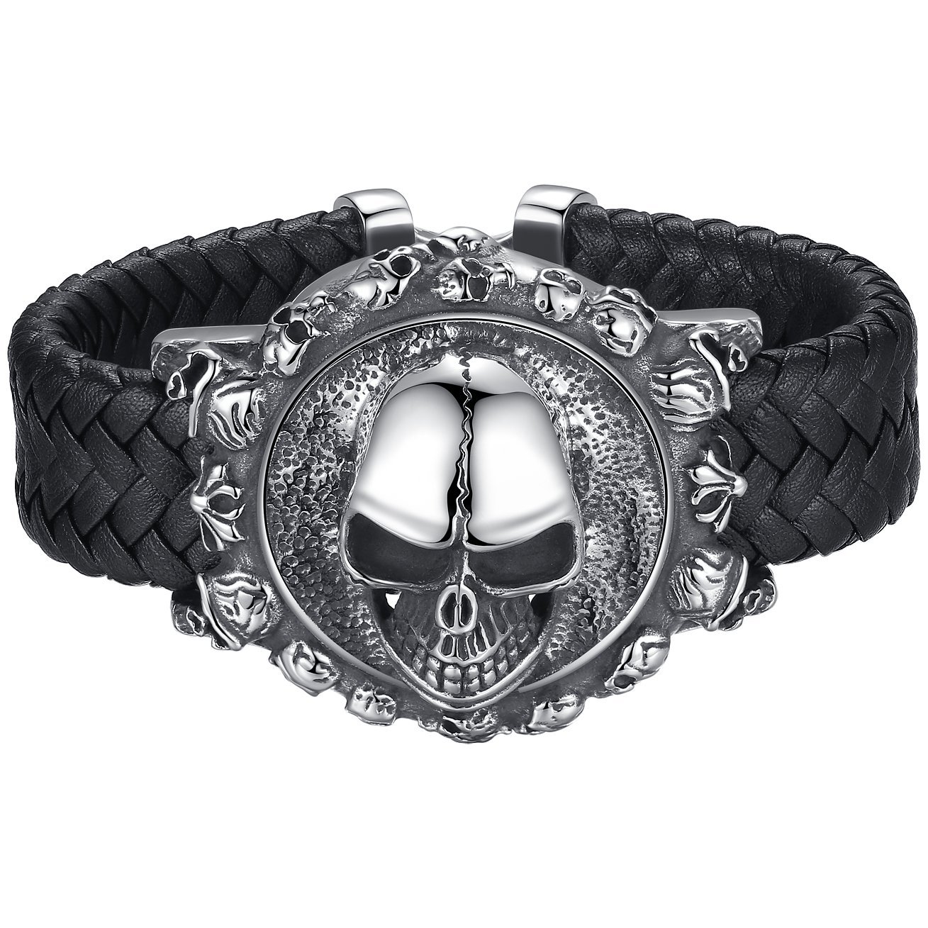 Men's Stainless Steel Skull and Black Leather Gothic Biker Bracelet