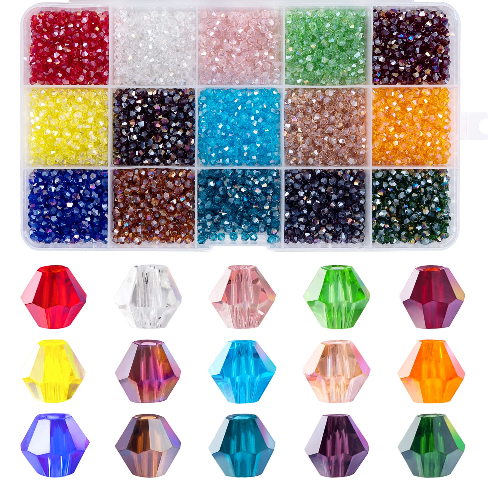 MissAudrey 3750pcs 3mm Bicone Crystal Beads for Jewelry Making Wholesale Faceted Bicone Glass Beads for DIY Bracelets Necklaces Earrings Suncatcher Craft Beading with Container Box (AB Colors)