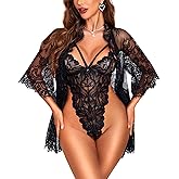 RSLOVE Sexy Womens Lingerie Set - 2 Piece Lace Kimono Robe with Lace Teddy Lingerie Bodysuit Sexy