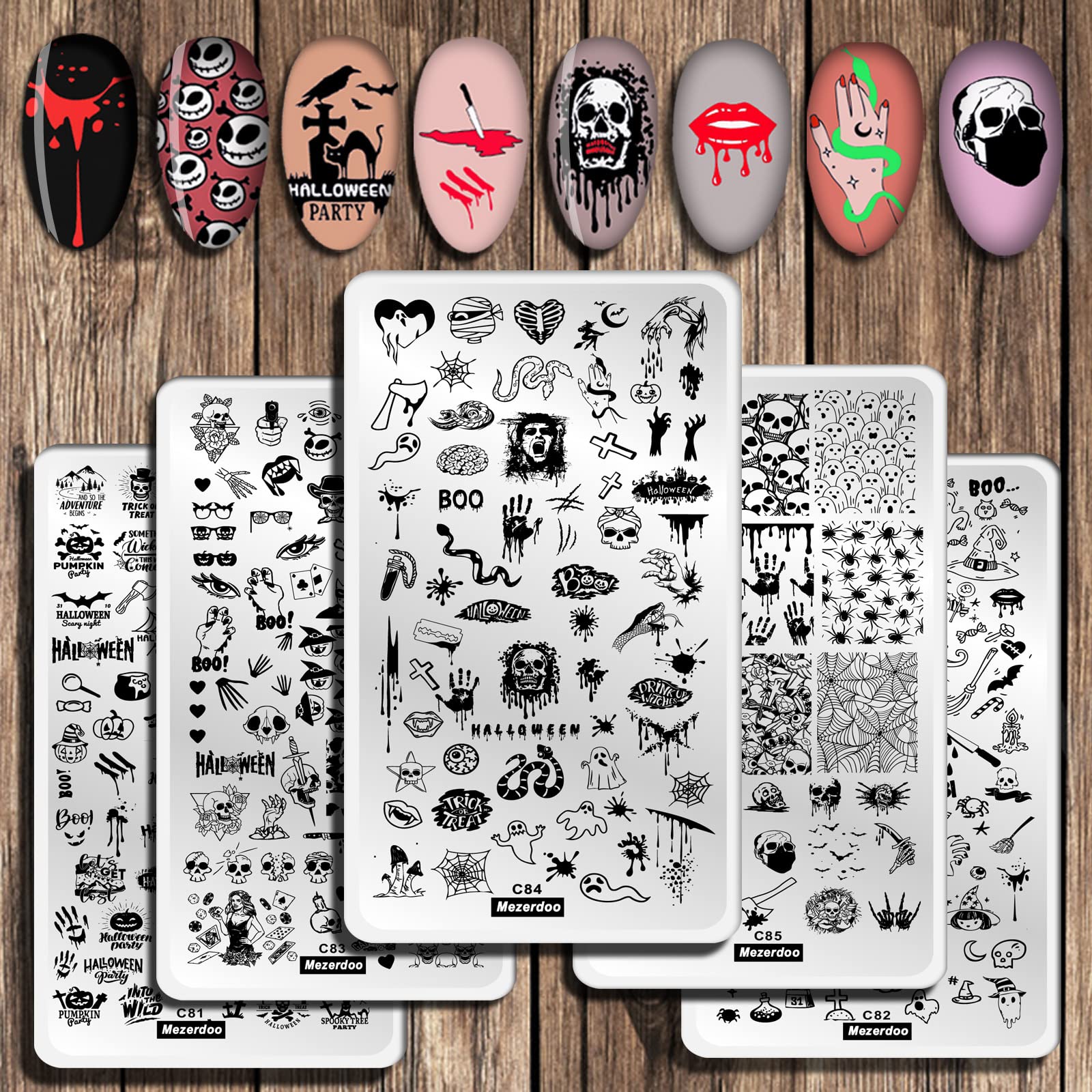 Halloween Nails Nail Art Stamping Plates Set, 5pcs Spider Ghost Pumpkin Bat Design Festiva Stamping Kit,12 * 6cm Nail Art Image Plates Stainless Steel Manicure Print Tool for Gel Polish