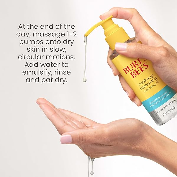 BURT’S BEES MAKEUP REMOVING CLEANSING OIL; NORMAL AND DRY SKIN; SAFE FOR SENSITIVE SKIN; COCONUT AND ARGAN OILS; DOES NOT CLOG PORES; HYDRATES, NOURISHES; NON GREASY; CONVENIENT PUMP;(1) 5 FL. OZ.