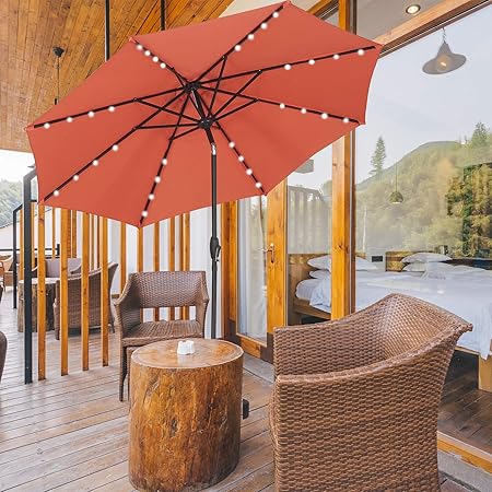 Amazon Com Klismos Outdoor 9 Ft Aluminum Patio Umbrella With Lights Fade Resistant Garden Beach Market Table Umbrella Tilt Crank Lift Orange Garden Outdoor