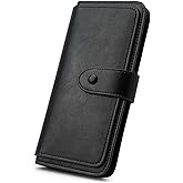 RFID Blocking Leather Wallet for Women, Slim Trifold with 14 Card Slots and Zipper Pocket (Black)
