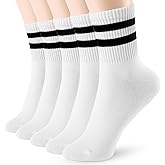 FGZ Womens Crew Socks Solid Color Two Stripe Casual Socks for Women and Girls,5 Pairs (White)
