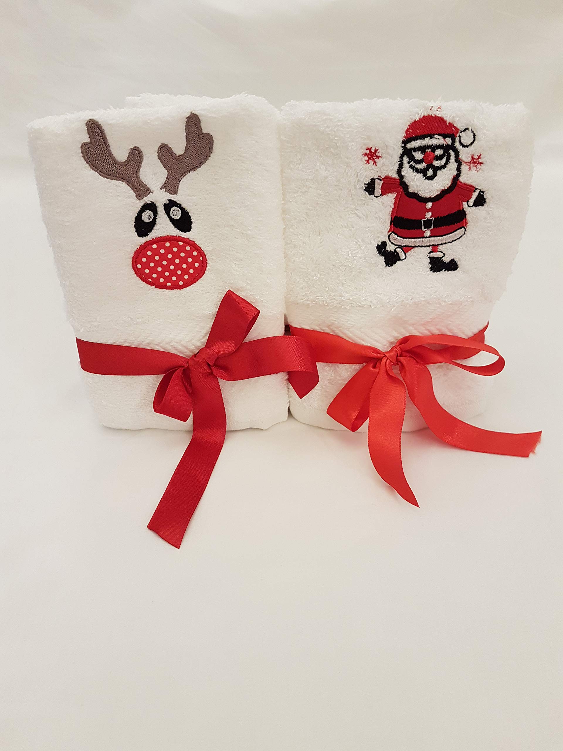 Lex's Linens Set of 2 Embroidered Rudolph & Santa Christmas Guest Towels (1 of Each)