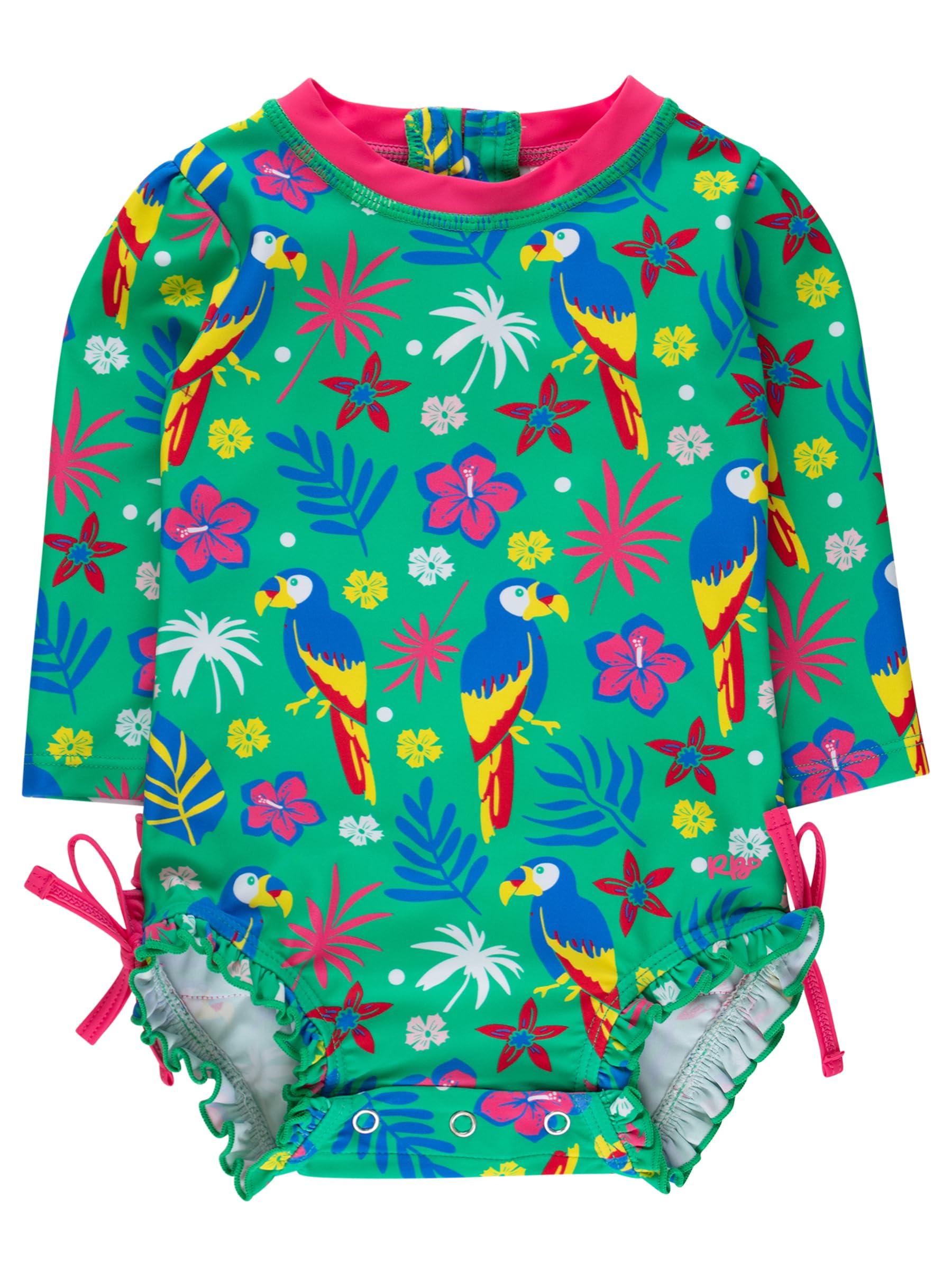 RuffleButts Baby Girls UPF 50+ Sun Protection Tropical Print Long Sleeve One Piece Rash Guard Swimsuit with Zipper - Parrot Palms, 18-24m Image
