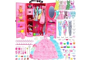 BJDBUS 106 Pcs Doll Wardrobe with Clothes and Accessories Set for 11.5 Inch Girl Doll, Storage Closet Wedding Gown Fashion Dresses Skirts Tops Pants Outfits Bikini Swimsuits Hangers Shoes Other Stuff