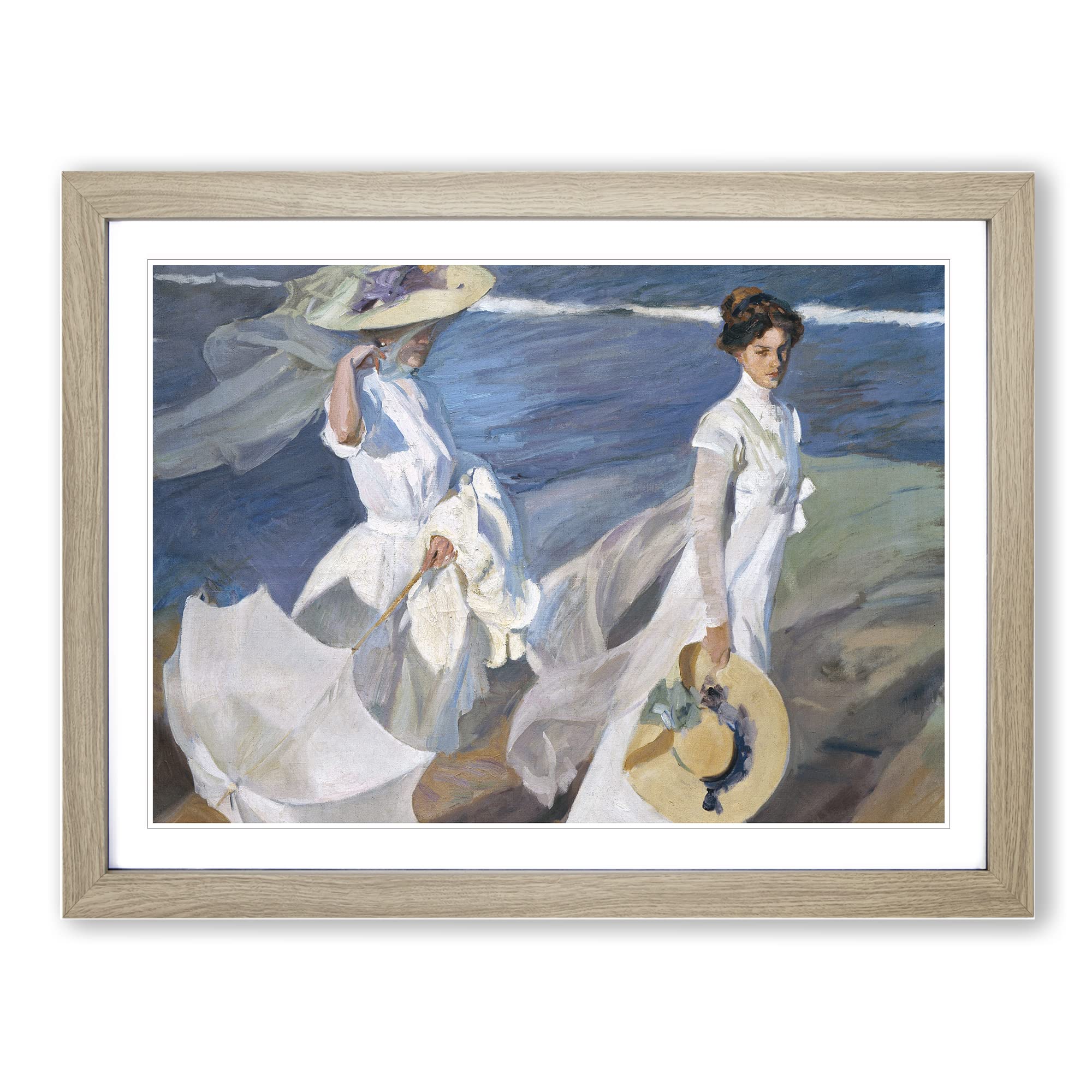 Women Walking On The Beach By Joaquin Sorolla Y Bastida Classic Painting Framed Wall Art Print, Ready to Hang Picture for Living Room Bedroom Home Office Décor, Oak A4 (34 x 25 cm)