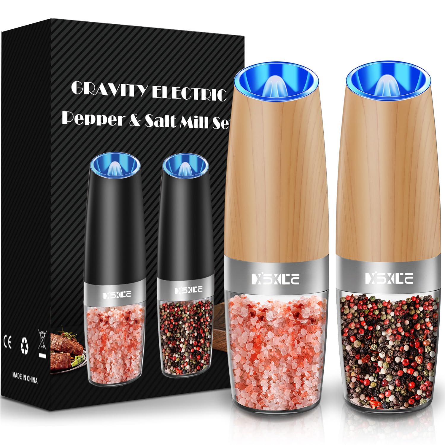 Photo 1 of XinXu Gravity Electric Pepper Grinder, Salt or Pepper Mill & Adjustable Coarseness, with LED Light, One Hand Automatic Operation (Set/WoodGrain)