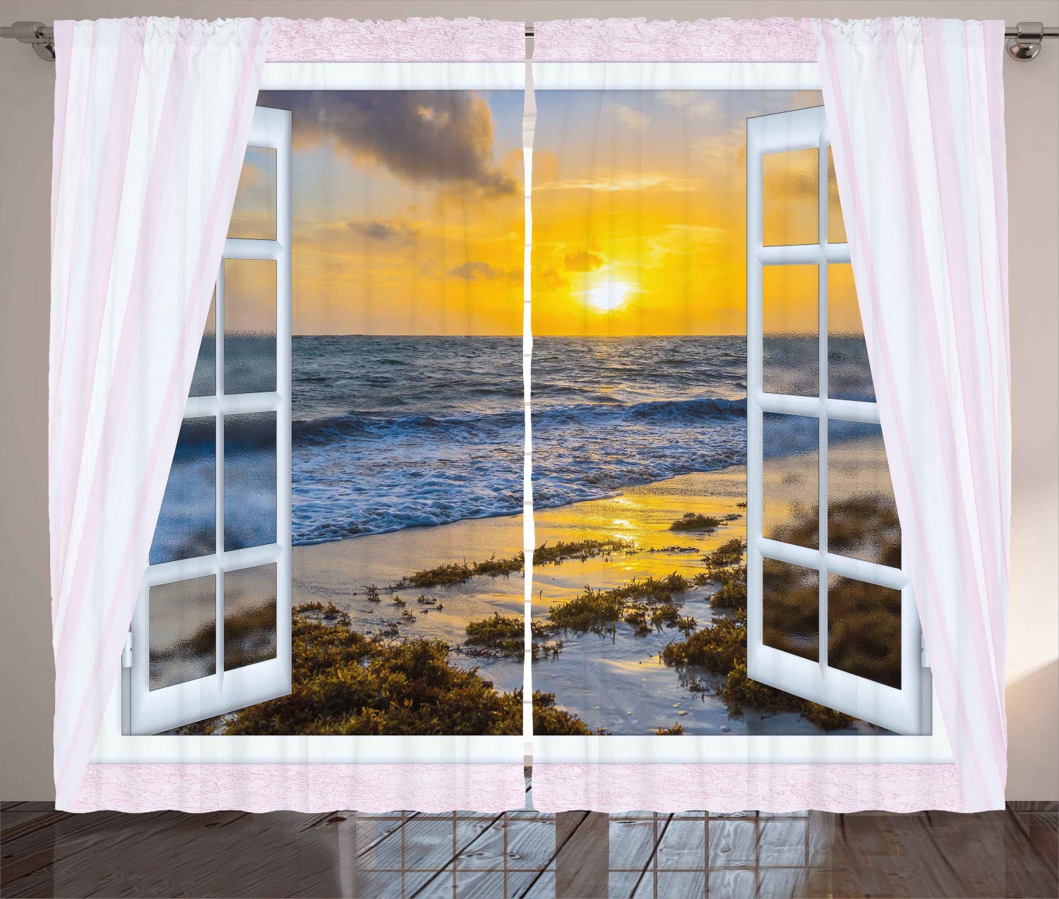 ABAKUHAUS Coastal Curtains, Open Window View of the Sky Clouds Rising Sun Seascape Grass Morning Scenery, Living Room Bedroom Window Drapes 2 Panel Set, 280 x 245 cm, Yellow Blue — image 1
