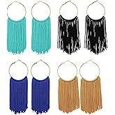 Coiris 4 Pairs Tassel Earrings Set Lightweight Leather Layered Long Tassel Western Cowgirl Handmade Bohemian Dangle Earrings Jewelry