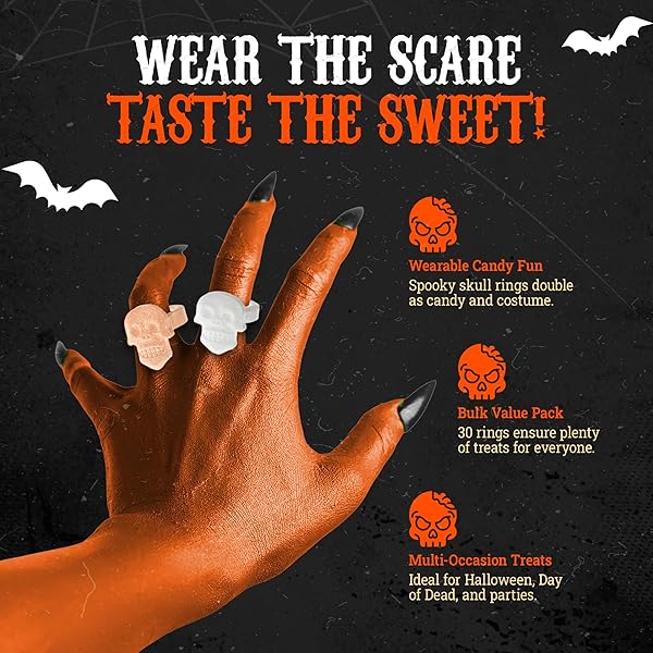 30 PACK HALLOWEEN RING CANDY – INDIVIDUALLY WRAPPED HOLIDAY THEMED SKULL CANDYS PACKED IN A SKULL JAR – TRICK OR TREAT STRAWBERRY AND TUTTI FRUTTI DELICIOUS CANDYS – BULK HALLOWEEN SUCKERS GREAT USE, FOR KIDS, TRICK OR TREAT, PARTY FAVOR, CLASSROOMS, GOODIE BAGS