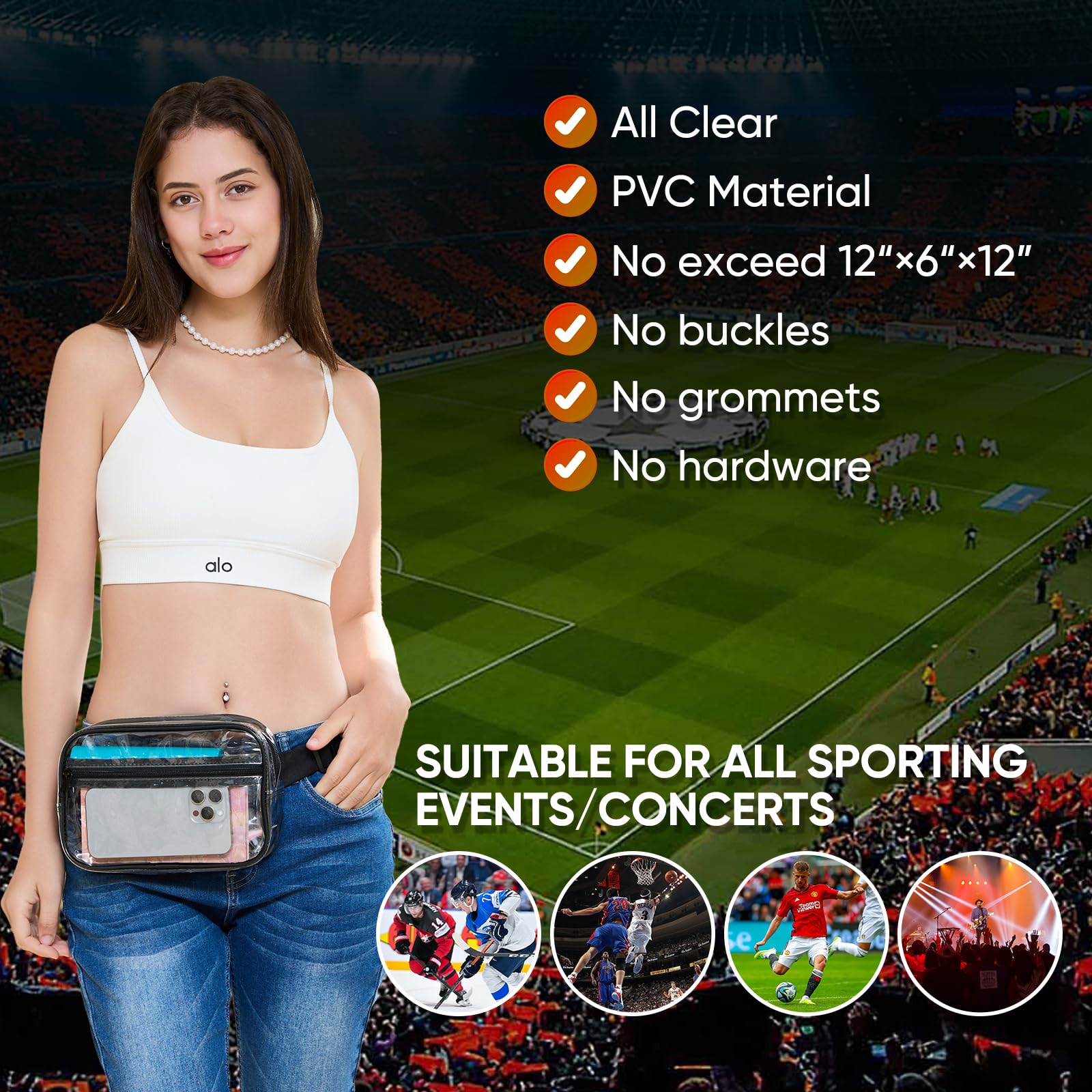Clear Fanny Pack for Stadium Events - Clear Bag for Women Men | Lightweight Waist Pack for Concerts, Sports Games Day & Travel | Stadium Approved Transparent Bag (Black)