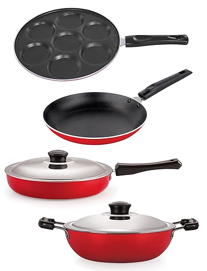 Nirlon Non-Stick Aluminium Cookware Set, 4-Pieces, Red (26_FP12_DKDM_TP_UP)