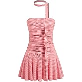 CIDER Summer Mini Dress for Women Gingham Ruched Ruffle Tube Dress with Scarf Bandeau Dress Cute Vacation Outfits