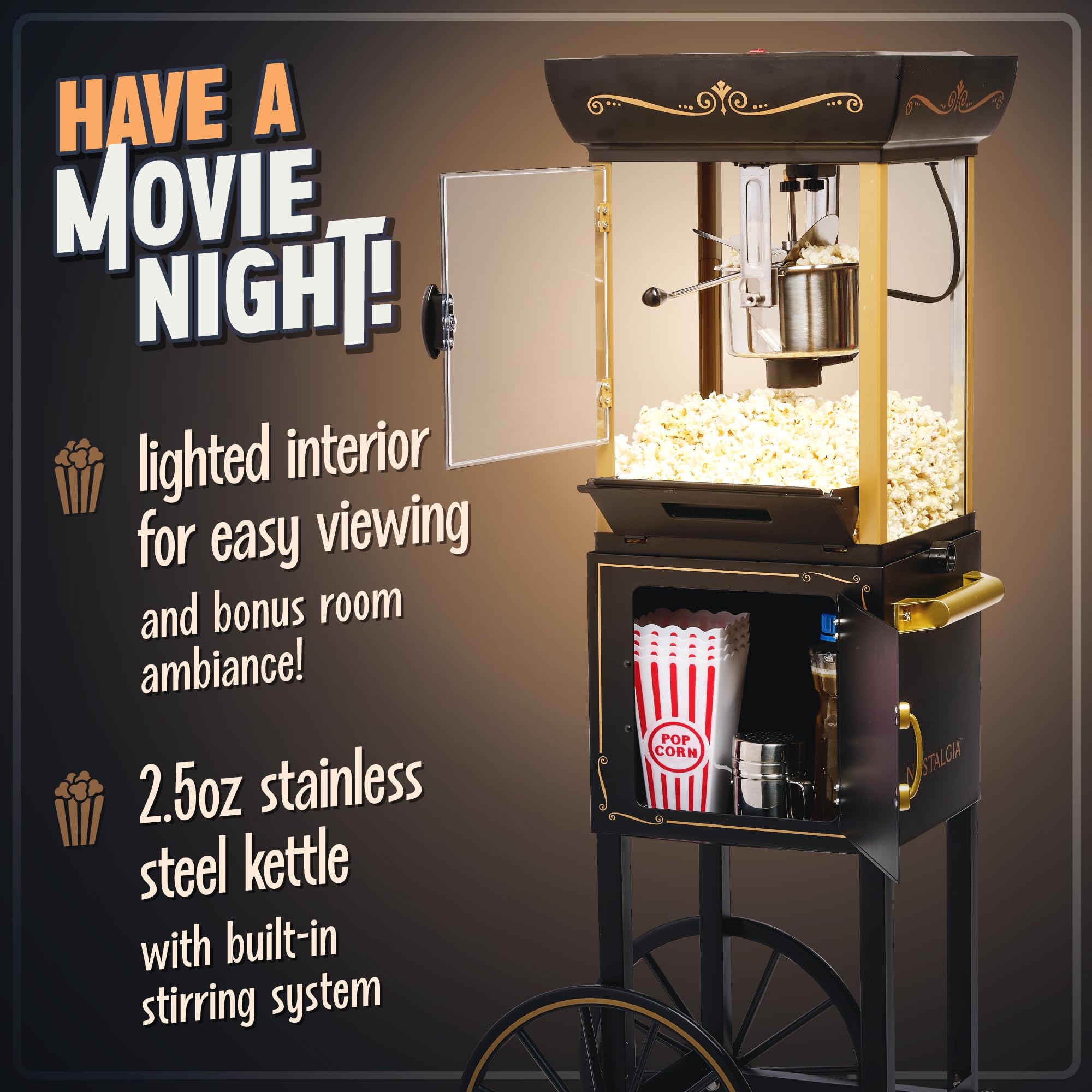Nostalgia Popcorn Maker Machine - Professional Cart With 2.5 Oz Kettle Makes Up to 10 Cups - Vintage Popcorn Machine Movie Theater Style - Black