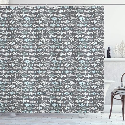 Amazon Com Ambesonne Fish Shower Curtain Abstract Fishing Theme With Watercolor Style Silhouette Species Of Fish Cloth Fabric Bathroom Decor Set With Hooks 70 Inches Grey White And Baby Blue Home Kitchen